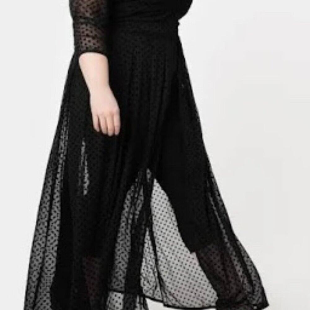 Sheer Dotted Longline Black Jacket Coat with Bow Neck - Picture 4 of 8